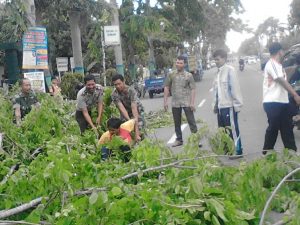 Kapolsek Lasem Polres Rembang bersama TNI dan masyarakat bahu membahu menyingkirkan pohon tumbang dan menghalangi dijalan