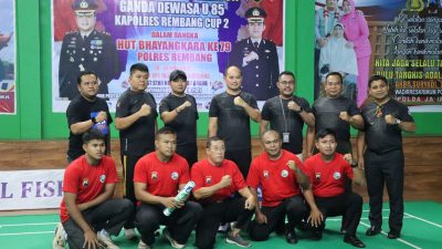 Semarak HUT Bhayangkara ke 79, Polres Rembang Gelar Turnamen Bulutangkis Ganda U-85 Bertajuk Kapolres Rembang Cup II